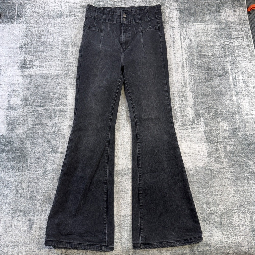Free People We The Free Jayde Flare Jeans Womens 30 Black Pleated Retro Stretch